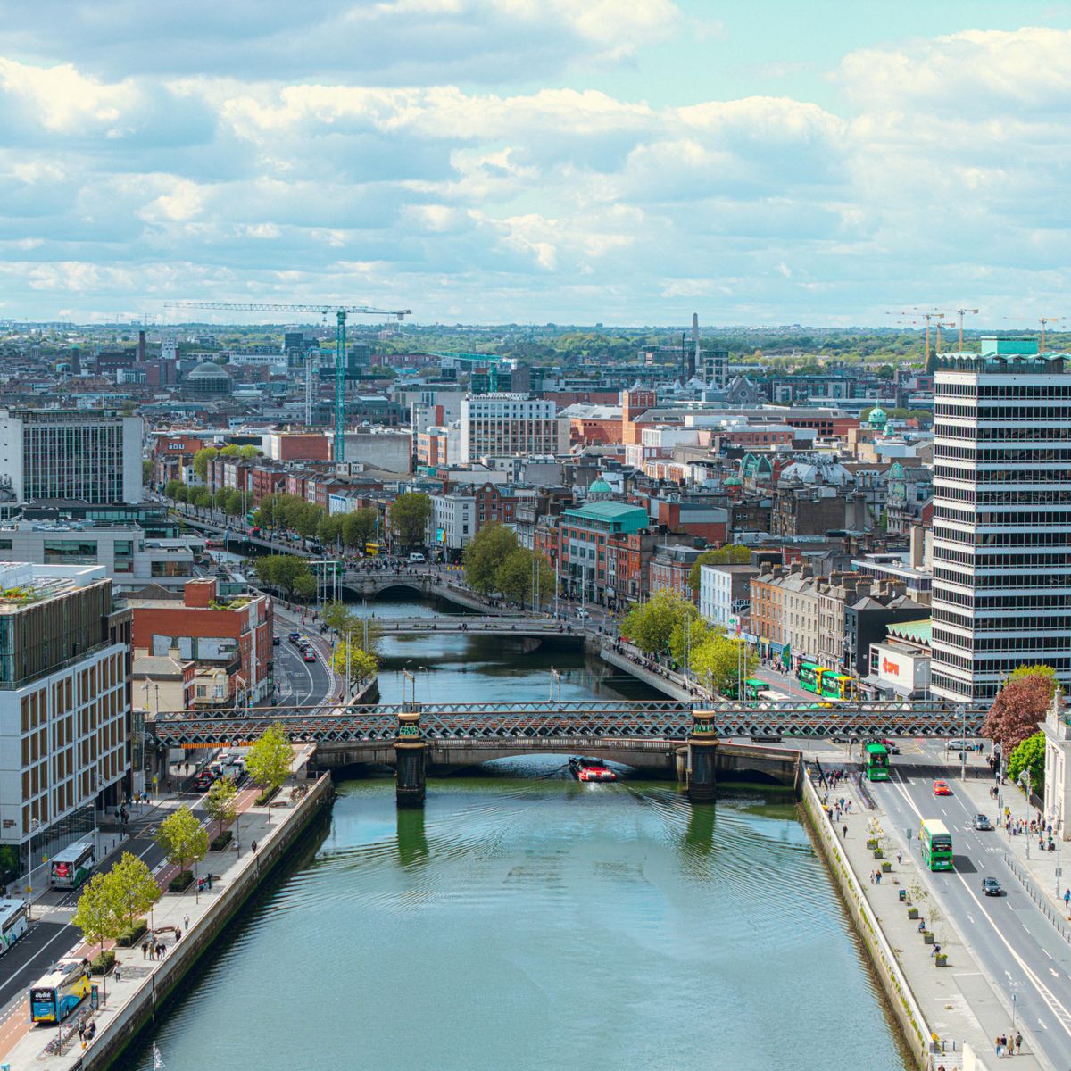 Aerial view of Dublin cityscape with bridges