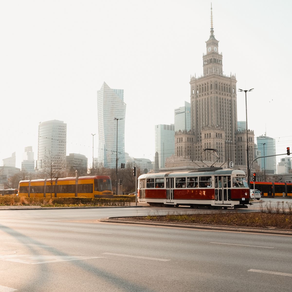 Historic tram and skyscrapers in the Warsaw cityscape